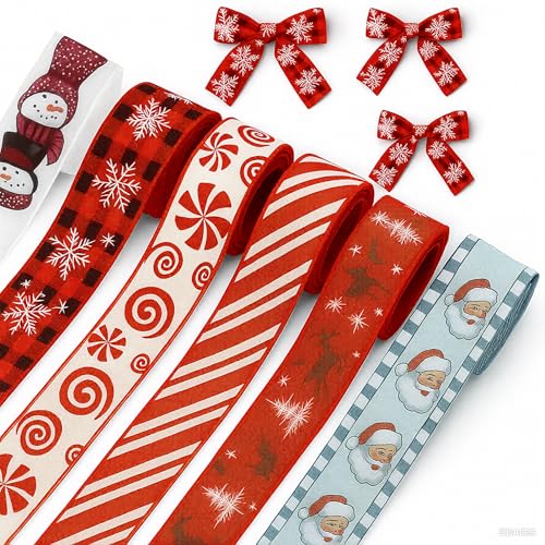 Tigeen 6 Rollen 30 Meter Weihnachtsbänder mit Drahtrand, rot-weiß, Schneeflocke, Weihnachtsmann, Schneemann, Elch, kariert, Jutebänder für Weihnachten, Urlaub, Dekorationen, Geschenkverpackung, Kranz von Tigeen