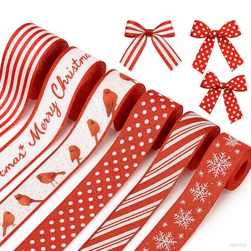 Tigeen Weihnachtsbänder mit Drahtrand, Rotkehlchen, gestreift, Rotkehlchen, Jutebänder für Weihnachten, Urlaub, Dekorationen, Geschenkverpackungen, Kranz, Schleifen, Basteln, Basteln, 6 Rollen, 30 m von Tigeen