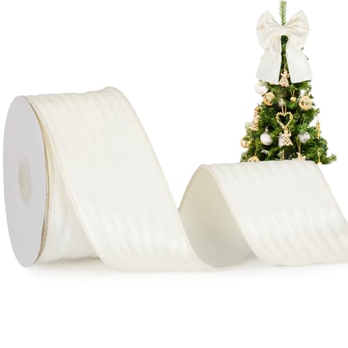 Tigeen Weißes Samtband mit Draht, 6,3 cm, gestreiftes Samtband für Geschenkverpackungen, Weihnachtsbaumdekoration, Bastelarbeiten, Kränze, 9,1 m Tigeen Weißes Samtband mit Draht, 6,3 cm, gestreiftes Samtband für Geschenkverpackungen, Weihnachtsbaumdekoration, Bastelarbeiten, Kränze, 9,1 m von Tigeen