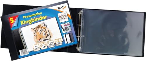 Tiger Luxus-Ringbuch, Präsentationsmappe mit 4 D-Ringen, A3, Querformat, Schwarz, 5 Hüllen Präsentations-Portfolio schwarz von Tiger