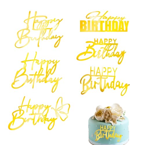 6 Packungen Gold Happy Birthday-Kuchenaufsätze Verschiedene Formen Textdekoration "happy birthday" an der Seite der Torte happy birthday tortendeko Acryl happy birthday cake topper von Tigmew