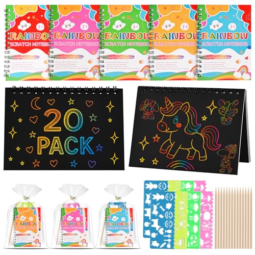 Tigvio Kratzbilder für Kinder Kratzbilder Set mit 20 Stück Kratzbuch (10*14cm), Holzstifte, Malschablonen Kinder, 22 Stopfsack, Kratzbuch Mädchen Jungen Scratch Art zum Ostern Basteln Partygeschenke von Tigvio