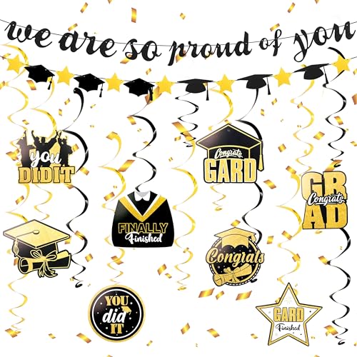 TIHEBAX Abschlussdekorationen, Schwarz & Gold Graduation Party Dekorationen We are So Proud Of You Banner mit 8 hängenden Wirbeln Klasse 2025 College Master Graduate Party Supplies TIHEBAX Abschlussdekorationen, Schwarz & Gold Graduation Party Dekorationen We are So Proud Of You Banner mit 8 hängenden Wirbeln Klasse 2025 College Master Graduate Party Supplies von Tihebax