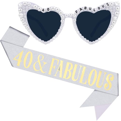 Tihebax 40 Geburtstag Schärpe für Frauen, 40 Geburtstag Dekorationen für Frauen mit "40 & Fabulous" Schärpe und Brille Silber 40 Geburtstag Geschenke für Frauen 40 Jahre alt Geburtstagsdekorationen von Tihebax