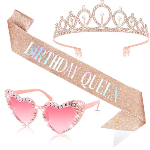 Tihebax Birthday Queen Schärpe und Krone & Brille Set für Frauen, Rose Gold Happy Birthday Schärpe für Frauen mit Tiara Geburtstagsdekorationen für Frau Mädchen Geburtstage Party Gefälligkeiten von Tihebax