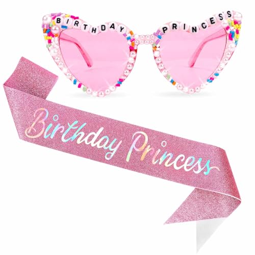 Tihebax Geburtstag Mädchen Schärpe "Birthday Princess" Schärpe für Mädchen Frauen, Geburtstag Schärpe für Mädchen mit Rosa Geburtstag Brille Geburtstag Dekorationen für Frauen Mädchen Happy Birthday von Tihebax
