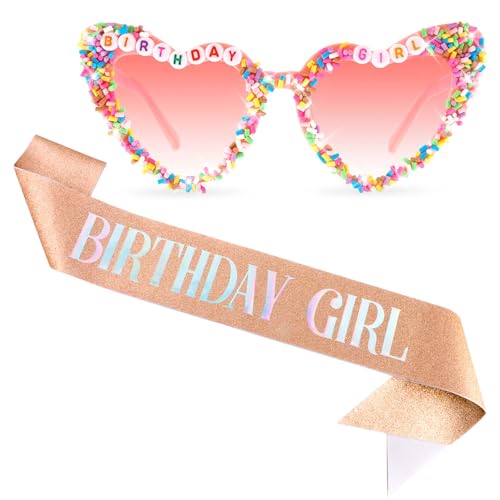 Tihebax Geburtstag Mädchen Schärpe Geburtstag Schärpe für Mädchen und Frauen mit Geburtstag Brille Glitzer Rosa Geburtstag Dekorationen für Frauen Happy Birthday Day Schärpe für Geburtstag Party von Tihebax