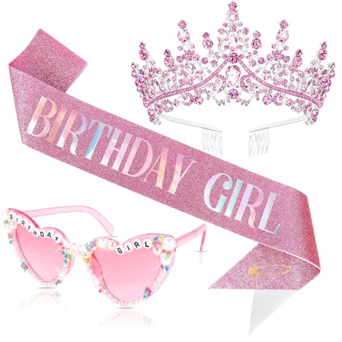 Tihebax Geburtstag Mädchen Schärpe und Krone Set mit Brille - Rosa Geburtstag Schärpe für Frauen Mädchen Prinzessin Tiara Krone Funkelnde Schärpe Lustige Brille für Geburtstagsfeier Dekoration von Tihebax