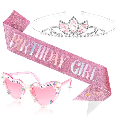Tihebax Geburtstag Mädchen Schärpe und Krone & Brille Set für Frauen Mädchen, Geburtstag Tiara Schärpe für Frauen Glitzer Rosa Happy Birthday Day Dekorationen Party Supplies von Tihebax