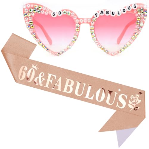 Tihebax Schärpe zum 60. Geburtstag für Frauen, 60. Geburtstag Dekorationen für Frau "60 & FABULOUS" Schärpe und Brille für Frauen, 60. Geburtstag Geschenke für Frauen 60. Geburtstag Party Dekorationen von Tihebax