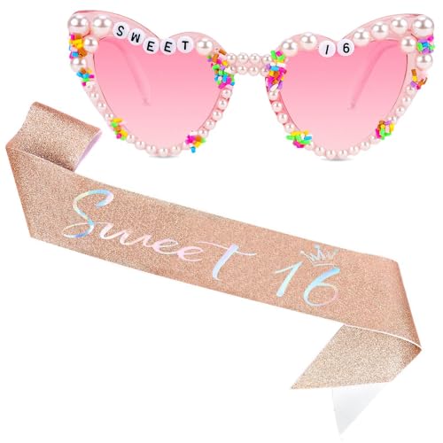 Tihebax Sweet 16 Schärpe, Sweet 16 Party Dekorationen 16. Geburtstag Dekorationen für Mädchen, 16. Geburtstag Schärpe & rosa Brille Sweet Sixteen Party Favors 16. Geburtstag Schärpe für Mädchen von Tihebax
