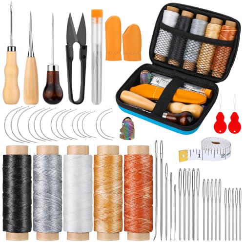 Tikjiua 50-teiliges Leder-Nähset, Leder-Reparatur-Set mit 34 Nähnadeln, Polstergarn, Nähahhle, strapazierfähige Polster-Reparatur-Nähset für Autositz, Teppich, Schuhe, Segeltuch, Sofa von Tikjiua