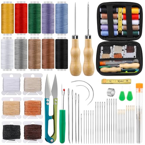 Tikjiua 59-teiliges Leder-Nähset, Polsternadel zum Handnähen, strapazierfähiges Nähset mit gewachsten Nähnadeln, Nadel und Faden, Set für Autositz, Rucksack, Teppich, Schuhe, Sofa von Tikjiua