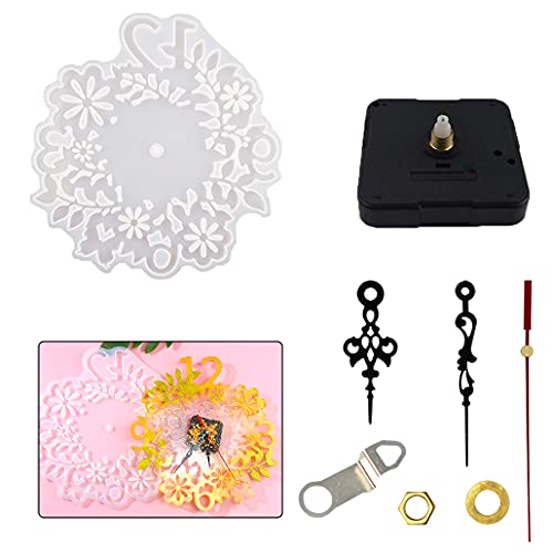 TikooTik Klein Blume Uhr Wanddekoration Kristall Epoxidharz Form mit Zubehör Uhrenkern Set Arabisch Silikonformen Clock Resin Mold für DIY Kunsthandwerk 28x26cm (Klein / 28x26cm) von TikooTik