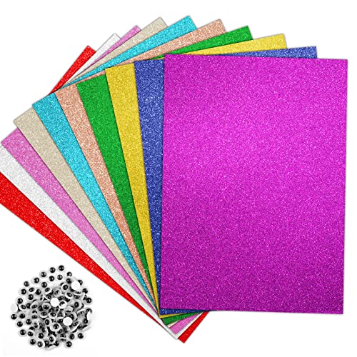 10 Blatt Glitzerpapier zum Basteln, 29.7 x 21 cm A4 Bunt Glitzer Papier mit Selbstklebend Wackelauge, 250g/m² Bastelpapier Glitzer Glitterkarton für Kinder DIY Grußkarten Scrapbooking, 10 Farben von Tikplus