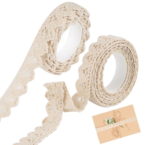 3.6 Meter Spitzenband Selbstklebend, 2 Rollen Beige Zierband, Vintage Dekoband, Baumwolle Spitze-Borten, Spitze Zierband, Ornamente zum Aufkleben, Spitzenband, für DIY, Handwerk(Breite 1.6cm) von Tikplus