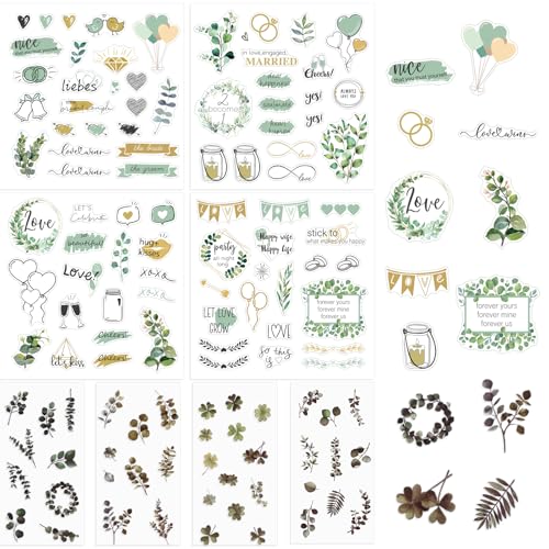 8 Blatt Sticker Hochzeit Gästebuch, Vintage Aufkleber Hochzeit, Hochzeitssticker mit Eukalyptus-Motiv für Gästebuch oder Fotoalbum, Scrapbook, DIY Journal mit viel Liebe 8 Blatt Sticker Hochzeit Gästebuch, Vintage Aufkleber Hochzeit, Hochzeitssticker mit Eukalyptus-Motiv für Gästebuch oder Fotoalbum, Scrapbook, DIY Journal mit viel Liebe von Tikplus