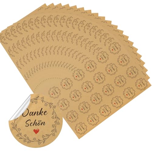 Aufkleber Danke Schön, 480 Stück Round 4cm Dankeschön Aufkleber mit Blätterund Herzen, Selbstklebende Etiketten Danke Stickers, Thank You Geschenk Stikcer für Kommunion Taufe Hochzeit (Kraft) von Tikplus