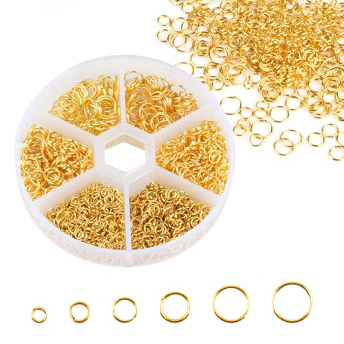 Biegeringe Edelstahl, Biegeringe Silber 3-8 mm, Spaltringe Schmuckherstellung, 1050 Stück Metall Sprungringe Set, Reparatur Kettenringe Schmuck, DIY Sprung Ringe für Halskette Armbänder (Gold) von Tikplus