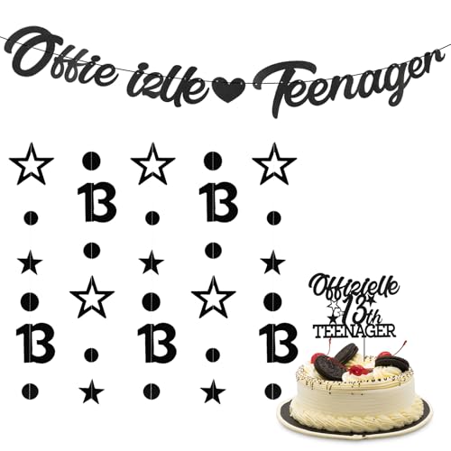 Deko 13. Geburtstag Teenager Set, Glitzer Geburtstagsdeko 13 Jahre mit "Offiziell Teenager" Banner, Tortendekoration, und Girlande, für Hanging Birthday Party Dekorationen (Schwarz) von Tikplus