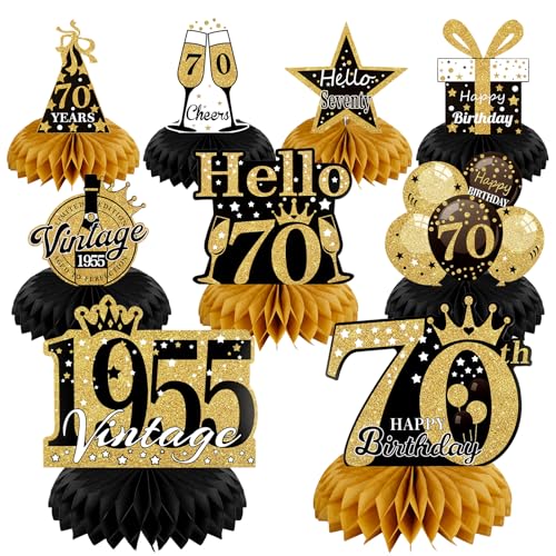 70 Geburtstag Mann Deko, 9 Stück, 70er Geburtstag Deko Schwarz Gold, 1955 Tischdeko 70 Geburtstag Mann, Bienenwabe Mittelstück, Tischdeko Papier Geburtstagsparty Zubehör von Tikplus