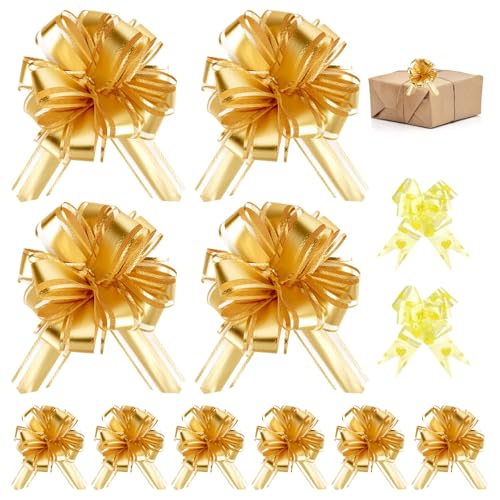 Große Geschenkschleife Gold,10 Stück 18cm Geschenk Schleife mit 2 Stück 9cm Klein Dekoschleifen, Pull Bow Geschenkbänder für Auto Schleifen, Hochzeitsfeier, Geburtstag Verpacken von Tikplus