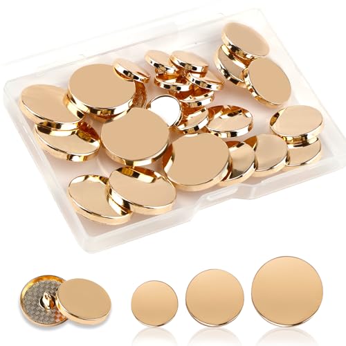 Metall Flache Knopf, 24 Stück Goldene Knöpfe, Goldene Knöpfe zum Annähen, Knöpfe Gold Metall mit Box - für Blazer Jacken Hemd Anzüge Hose Uniform DIY Handwerk (15 mm 20 mm 25 mm) von Tikplus