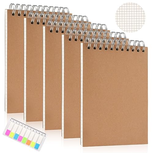 Notizbuch A6 Kariert, 5 Stück 80 Blatt Schreibblock Kariert, Kraft Cover Collegeblock, Klein Spiral Notizheft mit Haftstreifen, Journal Tagebuch Schreibblock Zeichenblock für Büro und Schule von Tikplus