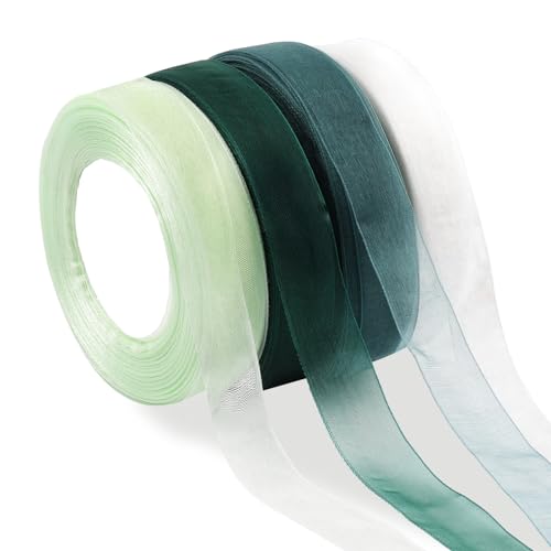 Schleifenband Grün,Weiß,Salbei Grün,Eukalyptus Grün,4 Rollen Tüllband Geschenkband 45m x 20mm, Transparentes Organza Bänder Deko, Chiffonband zum Basteln, Dekoband für Hochzeit Party von Tikplus