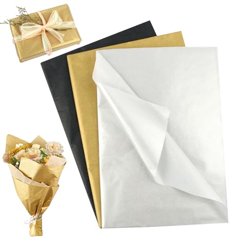 Seidenpapier 50x35cm, 60Blatt Bastelpapier zum Basteln von Pompons, Transparentpapier Verpackungsmaterial, Bastelpapier zum Kreieren von Pompoms, Papierblumen, Tischdeko (Schwarz-Gold-Silber) von Tikplus