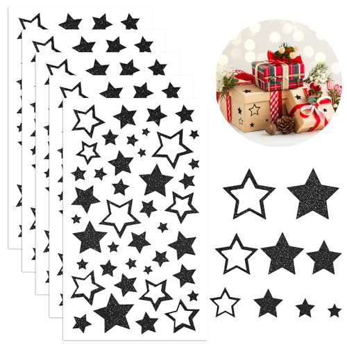Sticker Sterne, 210 Stück Glitzer Stern Aufkleber, Weihnachtsaufkleber Sterne Deko, Stern Aufkleber Selbstklebend zum Basteln (Black) von Tikplus