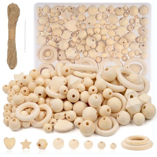 Tikplus 130 Stück Holzperlen Set, DIY Holzperlen zum Auffädeln, Rnthalten Runde Perle, Holzringe, Stern, Liebe Form, Perlen mit Loch Ketten Selber Machen, Wooden Beads für DIY Schmuck Herstellung von Tikplus