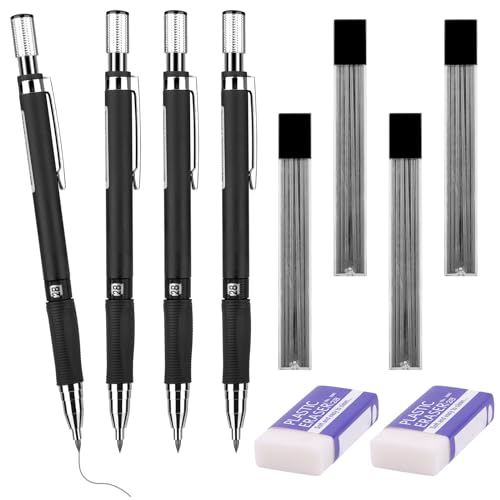 Tikplus 4 Druckbleistift 2.0 mm, 4 Tuben (32Stück) Bleistiftmine HB Mienenbleistift und 2 Stück Radiergummi, Mechanical Pencil für Skizzieren Zeichnen Schreiben von Tikplus