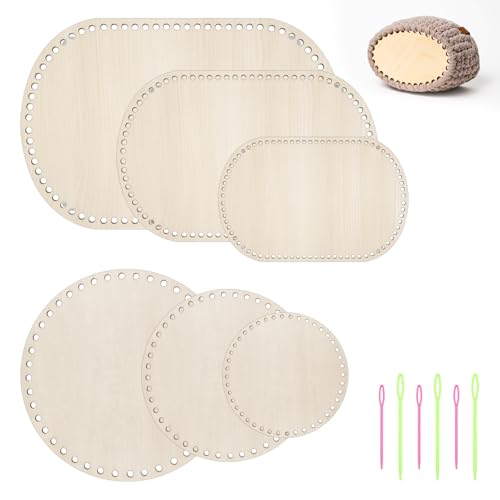 Tikplus 6 Stück Holzboden zum Häkeln, Holz Korbboden zum Häkeln mit 6 Stück Kunststoff Nähnadeln, Ovaler/Rund Naturholzkorbboden für DIY Korbflechten Liefert Basteln (10/15/20/25/30cm) von Tikplus
