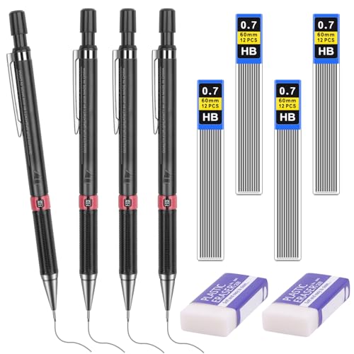 Tikplus Druckbleistift，4 Stück Druckbleistift Set mit 4 Tuben (48 Stück) Bleistiftmine HB Mienenbleistift 2 Stück Radiergummi, Mechanical Pencil für Zeichnen Schreiben (Druckbleistift 0,7) von Tikplus