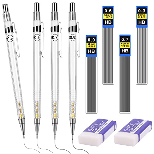 Tikplus Druckbleistift 0,3/0,5/0,7/0.9 mm, 4 Tuben (48 Stück) Bleistiftmine HB Mienenbleistift und 2 Stück Radiergummi, Mechanical Pencil für Skizzieren Zeichnen Schreiben und Hausaufgaben (Weiß) von Tikplus