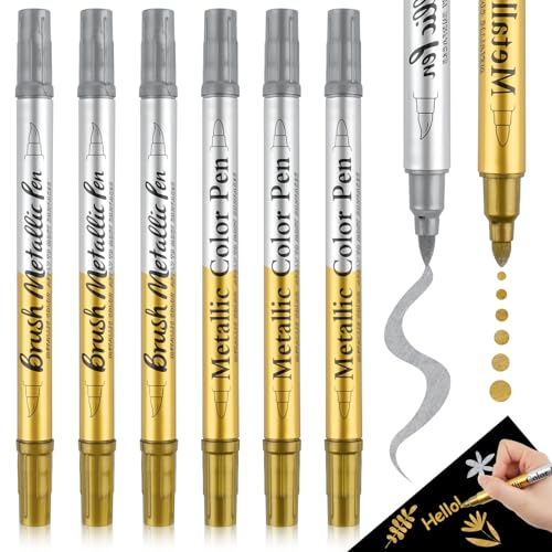 Metallic Stifte Set 6 Stück, Dual Tip Gold Silber Stift, Goldstift zum Schreiben, Wasserfest Permanente Acrylmarker Steine Bemalen Stifte für Steine, Keramik, Glas, Holz, Metall, Scrapbook von Tikplus