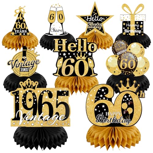 60 Geburtstag Mann Deko, 9 Stück, 60er Geburtstag Deko Schwarz Gold, 1965 Tischdeko 60 Geburtstag Mann, Bienenwabe Mittelstück, Tischdeko Papier Geburtstagsparty Zubehör von Tikplus