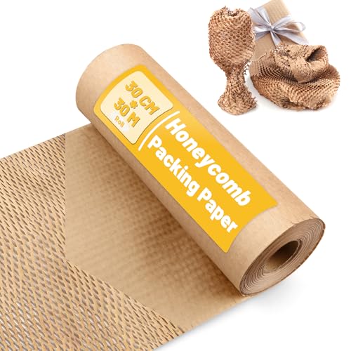 Wabenpapier Rolle 30cmx30m Verpackungsmaterial, 80g/m² Seidenpapier Papierrolle, Luftpolsterfolie Alternative, Verpackungsrolle für Versand und Umzüge Zerbrechliche Gegenstände von Tikxlafe