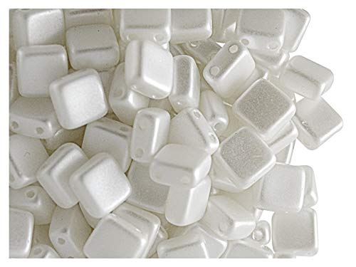 40pcs Tschechische Glasperlen Tile Zwei-Loch, Flach Platz 6x6x2.9mm, Pastel White von Tile Beads
