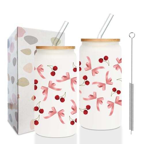 Tillfuru Pinke Kirschen Schleifen mattierte Tasse, 16 Unzen, Glas, Zylindrisch, Wiederverwendbar, für Frauen, Kirschliebhaber, Geburtstagsgeschenke, Zuhause Tillfuru Pinke Kirschen Schleifen mattierte Tasse, 16 Unzen, Glas, Zylindrisch, Wiederverwendbar, für Frauen, Kirschliebhaber, Geburtstagsgeschenke, Zuhause von Tillfuru