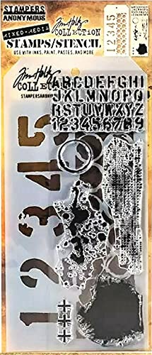 Stamper's Anonymous Tim Holtz Zahlen, Alphabet, Texturen, gemischte Medien, Stempel und Schablonen-Set THMM122 von Tim Holtz Collection