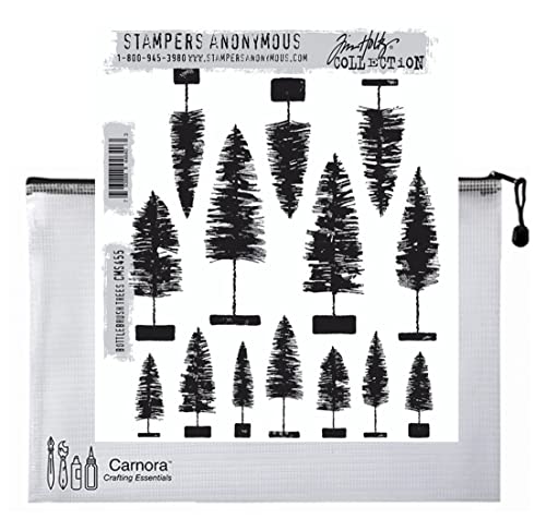 Tim Holtz Stampers Anonymous Cling Stamps, Bottlebrush Trees (CMS455), Oktober 2022 Winter Holiday Christmas Release, + Carnora Storage Mesh Bag, 2 Stück von Tim Holtz