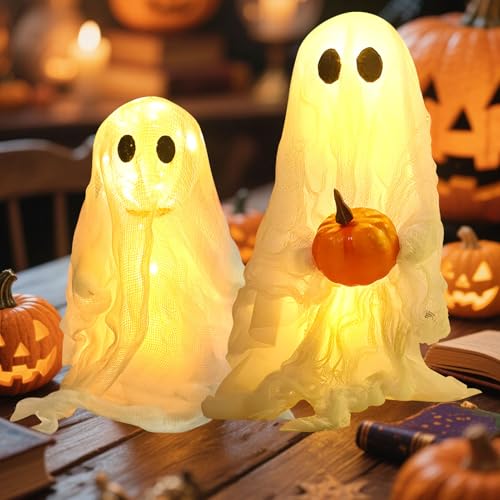 2er Halloween Deko Geist Beleuchtet, Halloween Geist Beleuchtung Outdoor Einen Kürbis In Der Hand halten Gespenster Deko mit 3 Blinkmodi Helloween Geister Für Helloween Partys Kamin (Warmes Licht) von Timasser