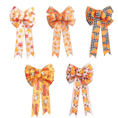 5 Stück Herbst Deko Geschenkband, DIY Herbst Basteln Bogen Schleifenband Mit Ahornblättern Kürbissen Und Autos Herbstdeko Satinband Bogen Seidenband Für Thanksgiving Geschenkverpackung von Timasser