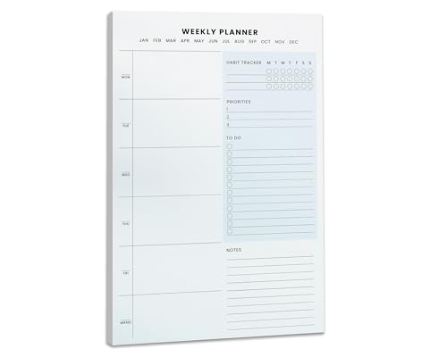 Minimalistischer Wochenplaner-Notizblock, 52 Blatt zum Abreißen, 14 x 21,6 cm, To-Do-Listen-Organizer (Weiß und Blau) von Timber Box Design