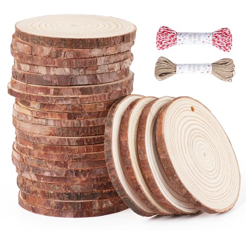 Timburst Holzscheiben 30Stücke, 5-6cm Baumscheiben, Vorgebohrten LöChern Holzplatte Rund,Holz Scheiben Zum Basteln-20 M Seile für Tischdeko, Deko Hochzeit MittelstüCke Weihnachten Dekoration von Timburst