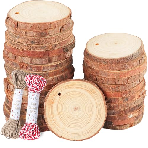 Timburst Holzscheiben 60 Stücke, 4-5cm Baumscheiben, Vorgebohrten LöChern Holzplatte Rund,Holz Scheiben Zum Basteln-20 M Seile für Tischdeko, Deko Hochzeit MittelstüCke Weihnachten Dekoration von Timburst