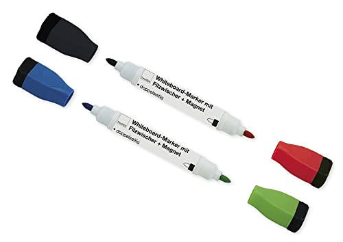TimeTEX - Set Whiteboard-Marker Doppelspitze mit Filzwischer + Magnet - 2-tlg. - enthält die Farben rot + blau + grün + schwarz - 92212 von TimeTEX