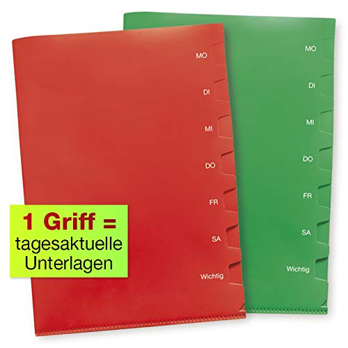 TimeTEX Wochentags-Mappen A4-Plus - 2 Stk. rot und grün - mit 7 Fächern - 10668 von TimeTEX